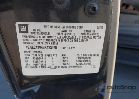 2003 Chevrolet Tahoe Ls z USA, uszkodzony, nr VIN 1GNEC13V43R123950